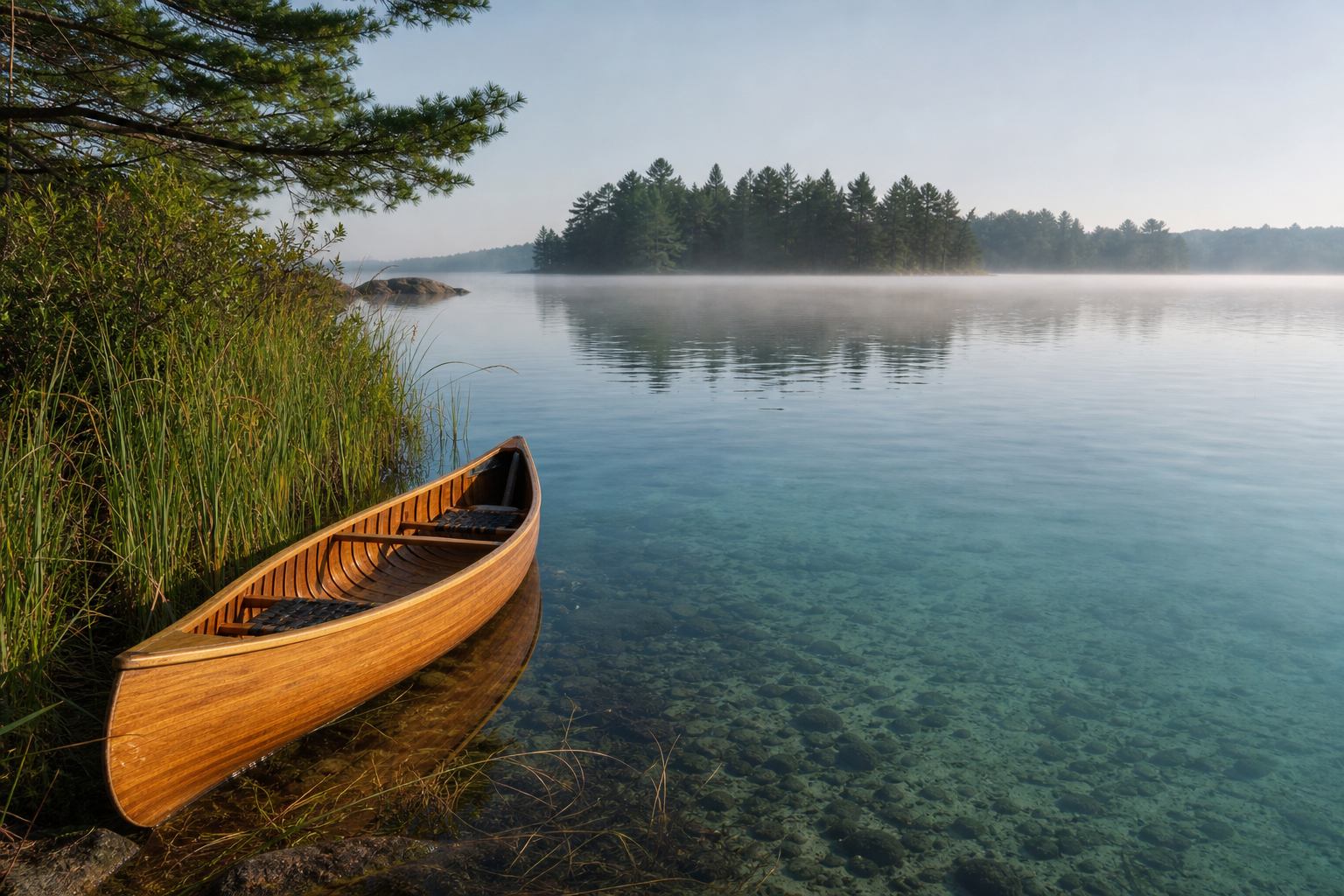 Kanu am Schilfufer eines ruhigen Gletschersees in Mecklenburg