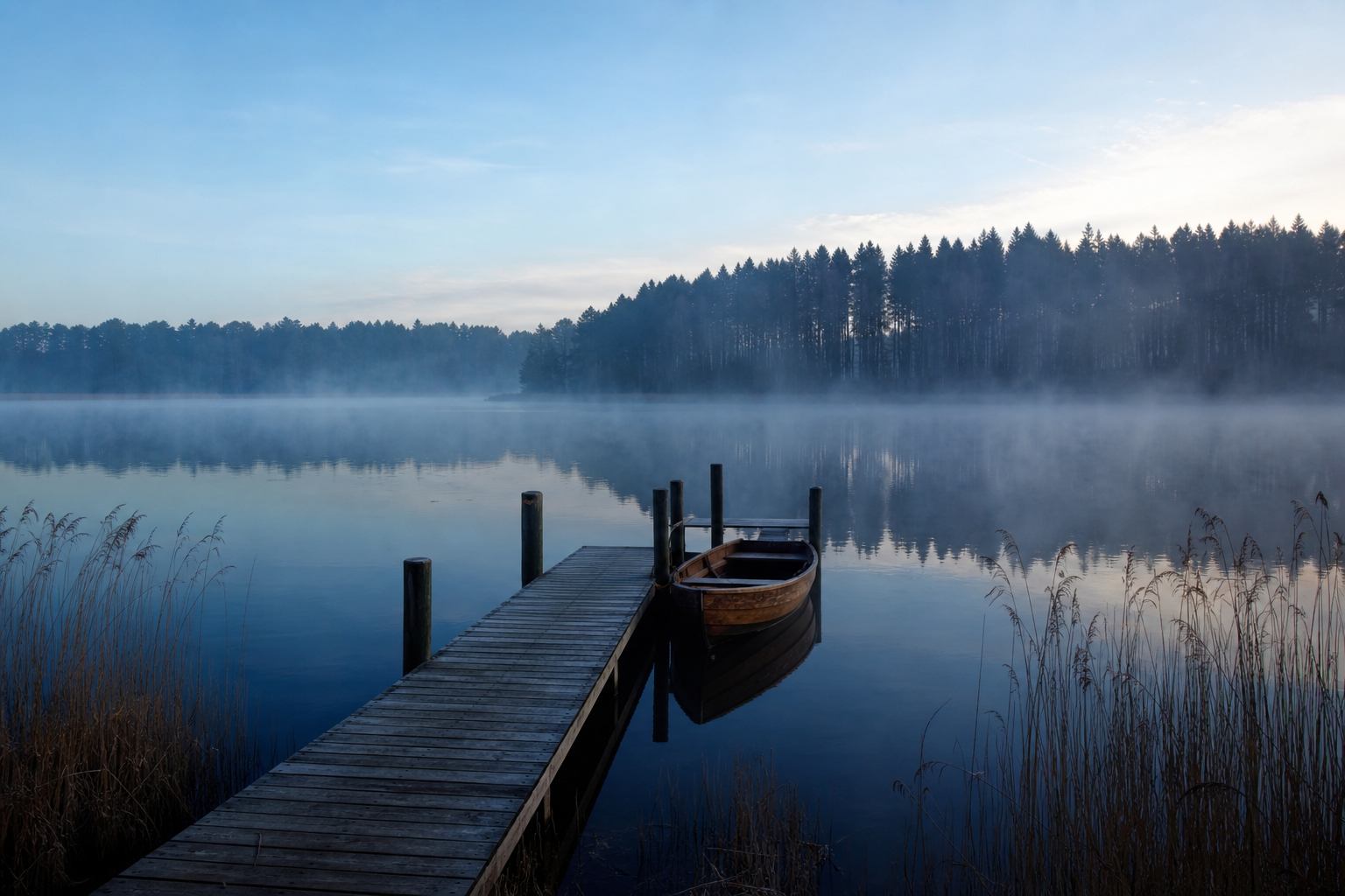 Früher Morgen am Gletschersee mit Holzsteg und Nebelschleier in Mecklenburg