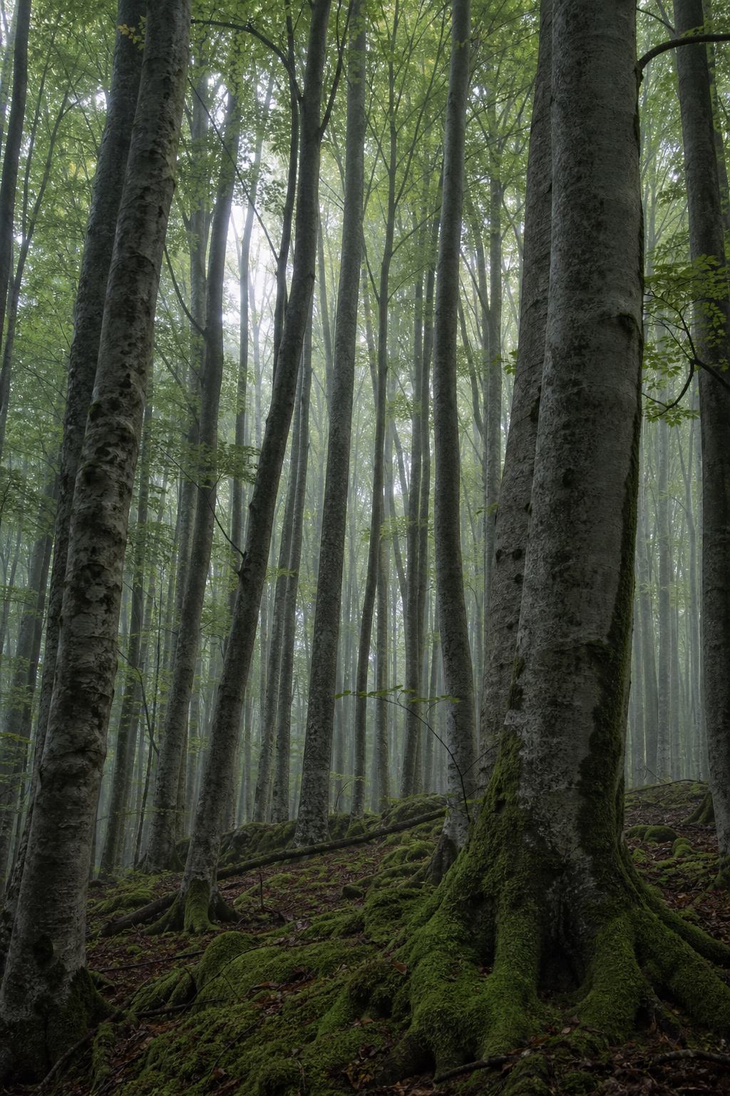 Alte Buchenstämme in Serrahn mit gefiltertem nordischem Licht